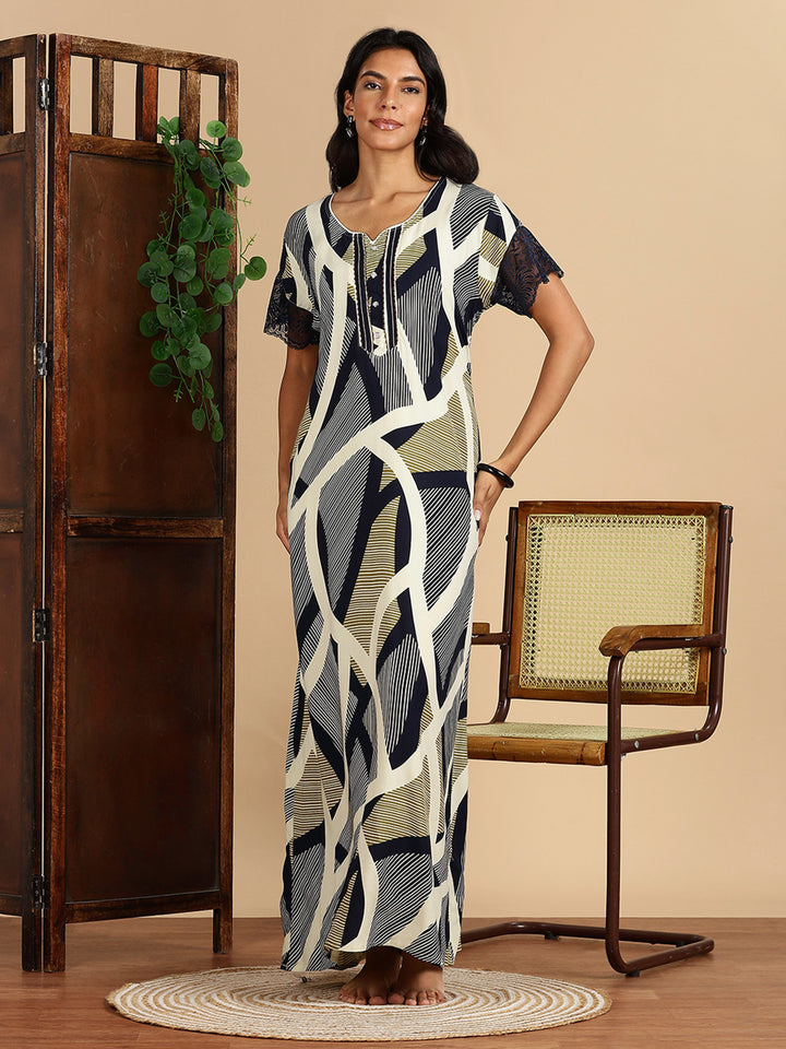 Rayon Abstract Print Olive Navy Nighty For Women