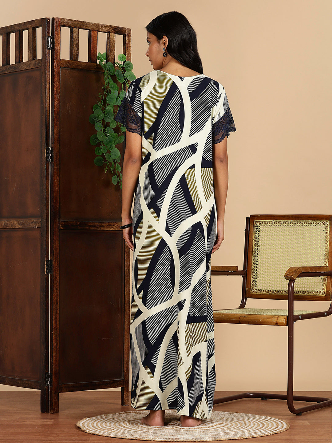 Rayon Abstract Print Olive Navy Nighty For Women