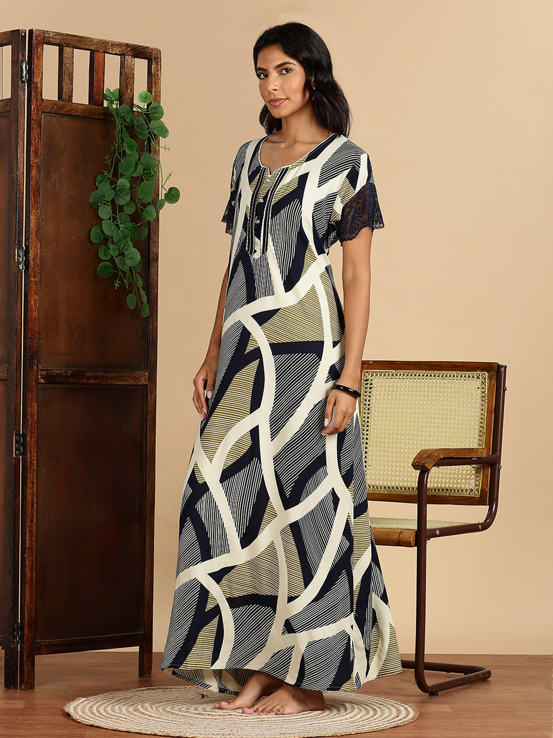 Rayon Abstract Print Olive Navy Nighty For Women