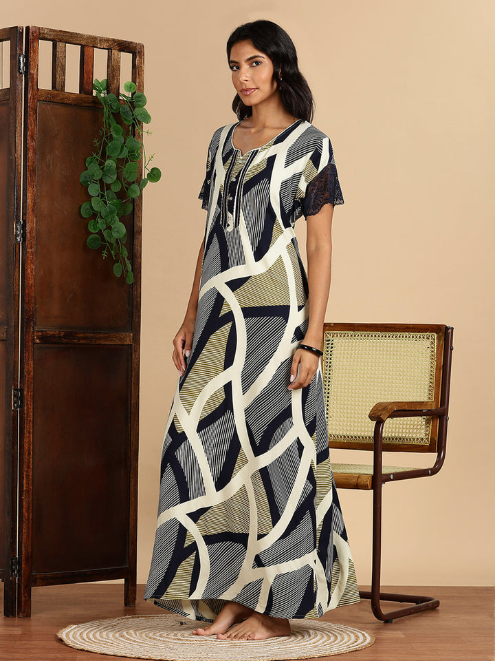 Rayon Abstract Print Olive Navy Nighty For Women