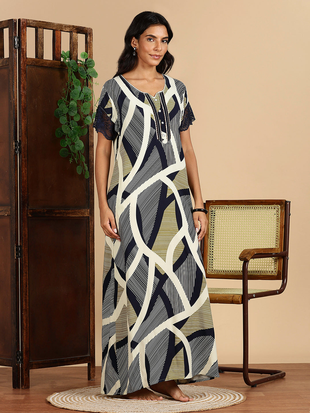 Rayon Abstract Print Olive Navy Nighty For Women