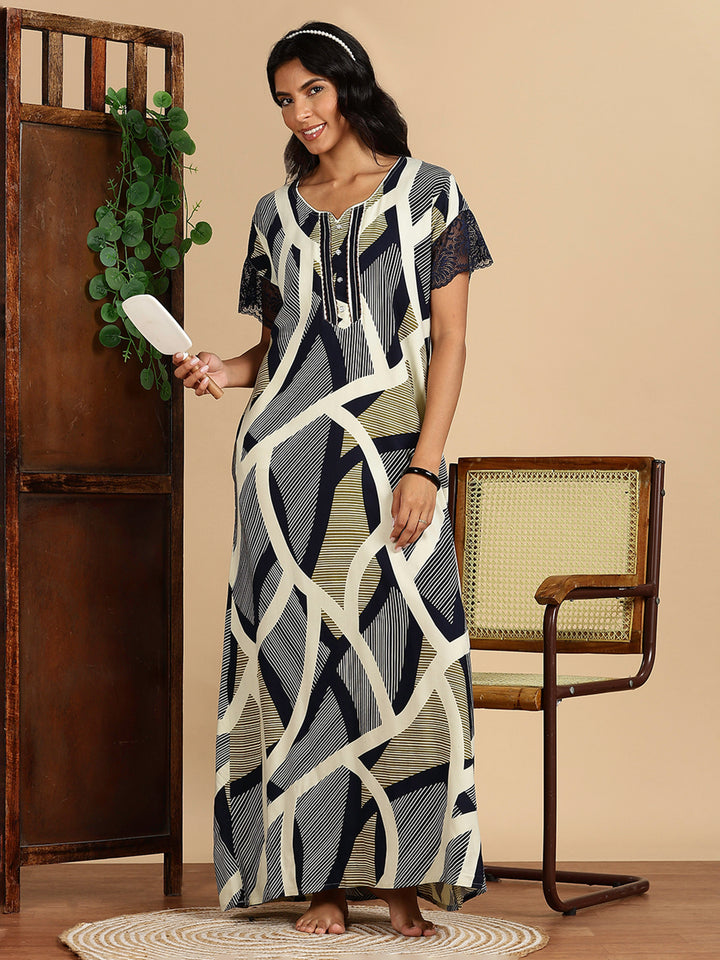 Rayon Abstract Print Olive Navy Nighty For Women