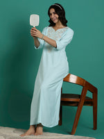 Sadabahar Fresh Aqua Blue Alpine Embroidered Nighty for Women with Pocket