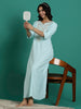 Sadabahar Fresh Aqua Blue Alpine Embroidered Nighty for Women with Pocket