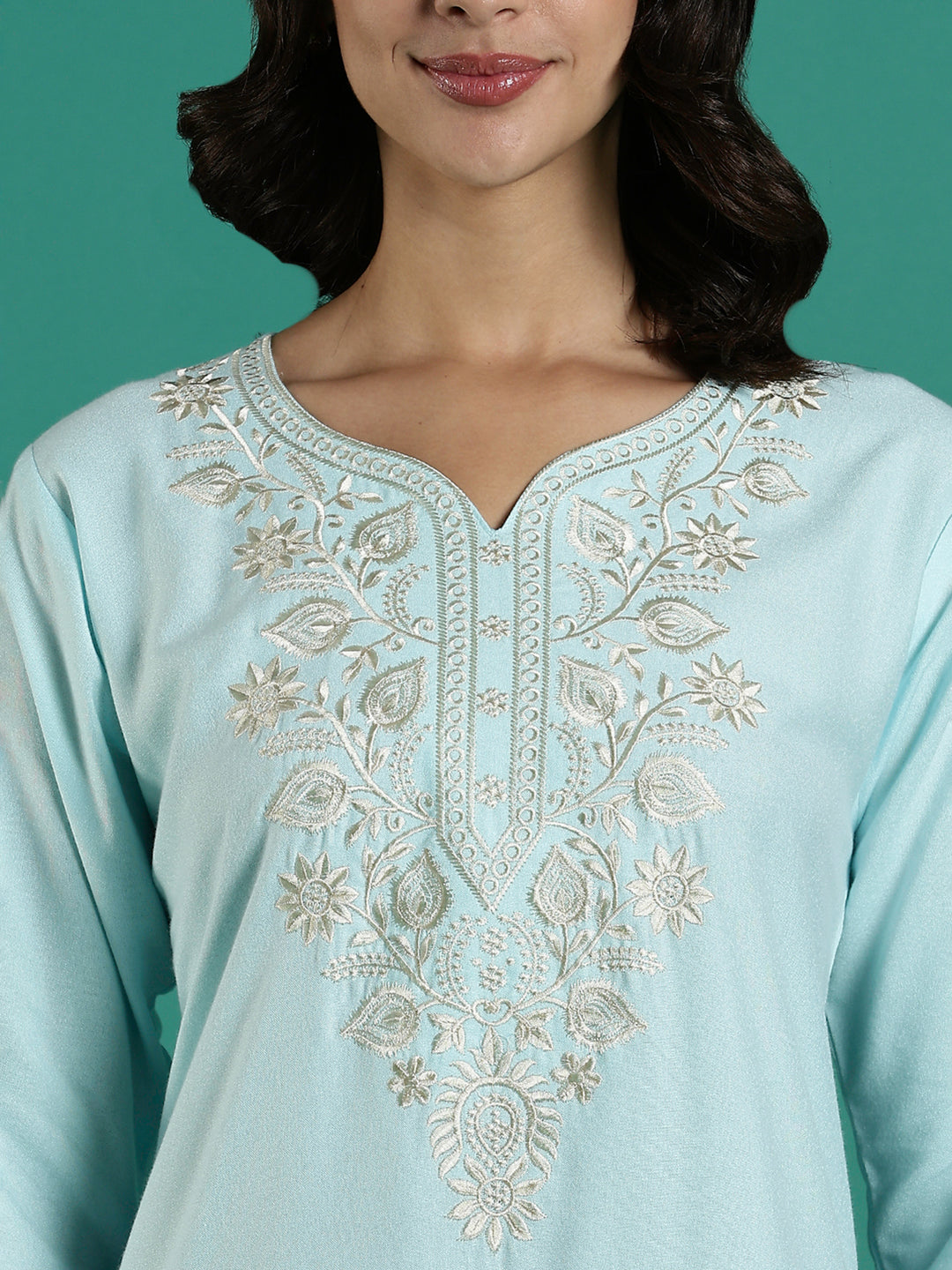 Aqua Blue Embroidered Nighty Dress for Women with Pocket