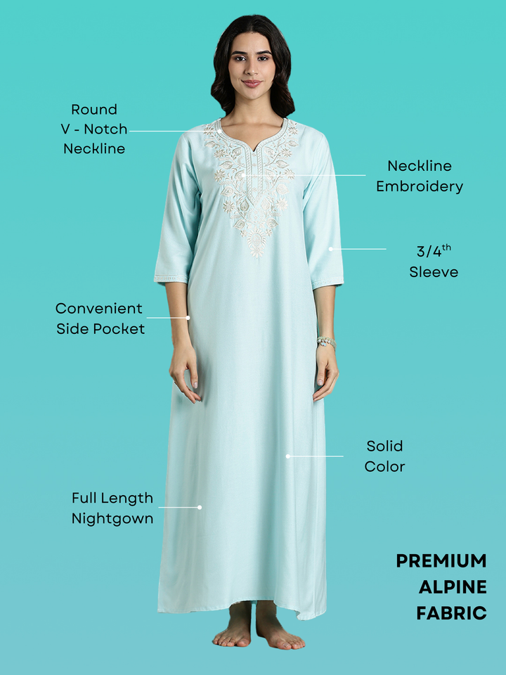 Aqua Blue Embroidered Nighty Dress for Women with Pocket