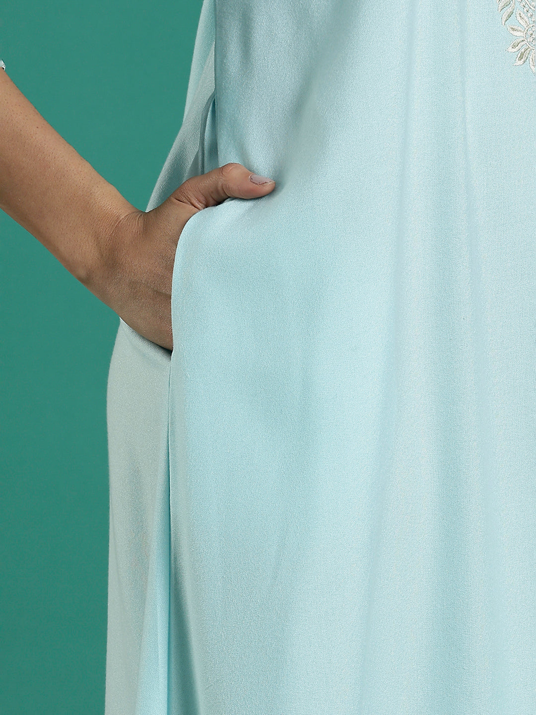Aqua Blue Embroidered Nighty Dress for Women with Pocket