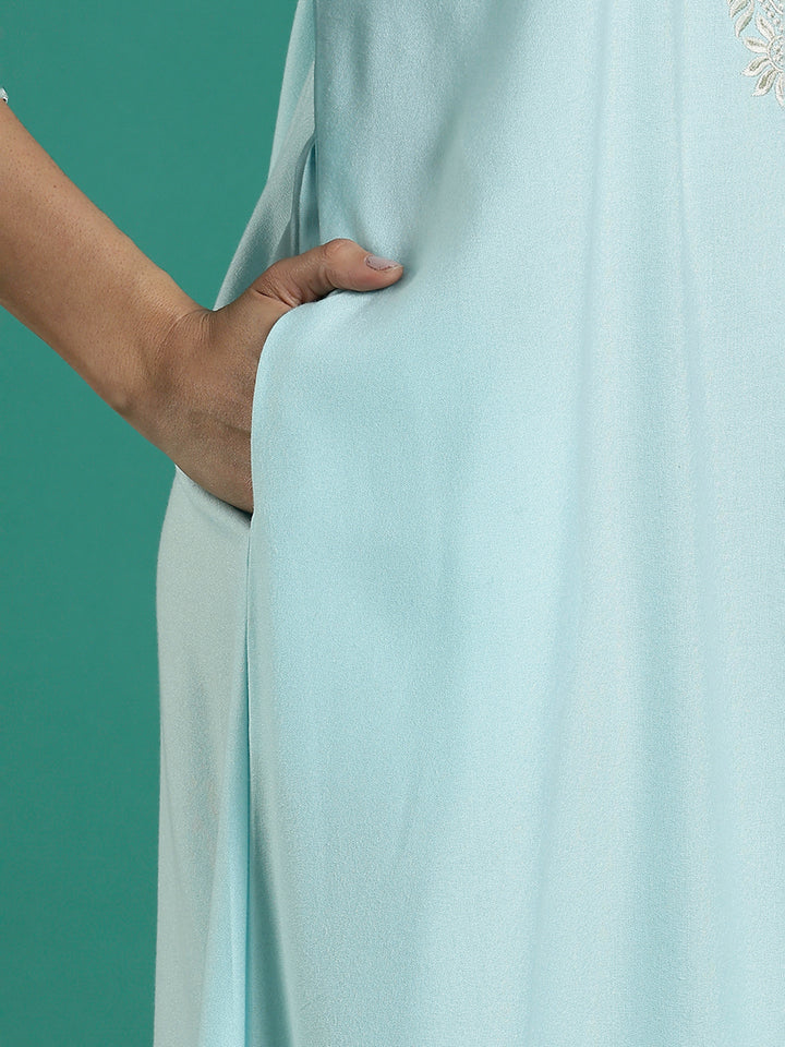 Aqua Blue Embroidered Nighty Dress for Women with Pocket