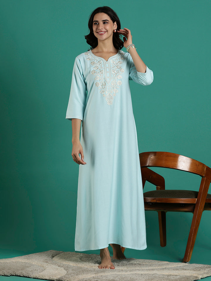 Aqua Blue Embroidered Nighty Dress for Women with Pocket