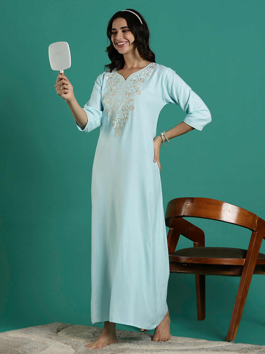 Aqua Blue Embroidered Nighty Dress for Women with Pocket