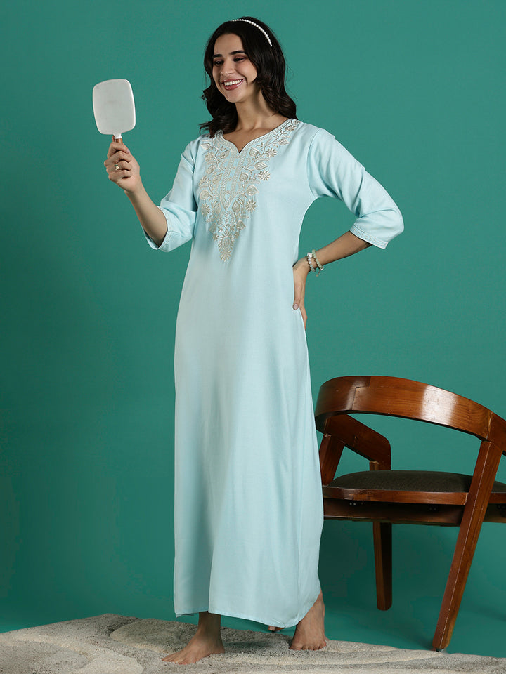 Aqua Blue Embroidered Nighty Dress for Women with Pocket