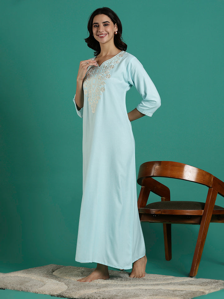 Aqua Blue Embroidered Nighty Dress for Women with Pocket