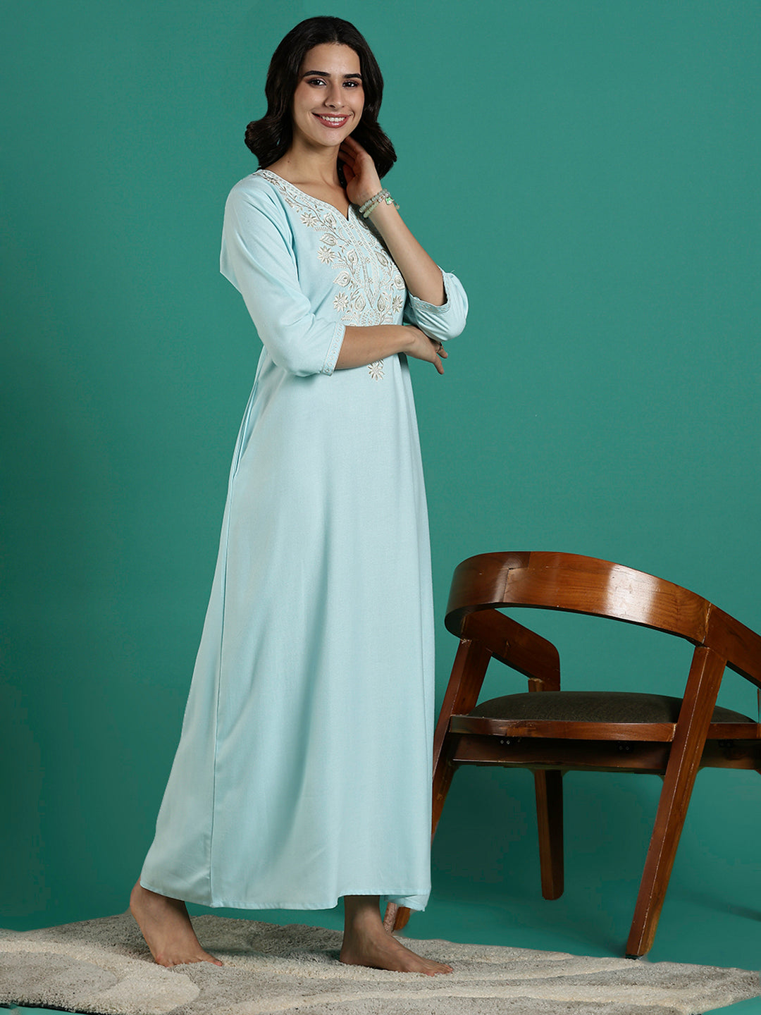 Aqua Blue Embroidered Nighty Dress for Women with Pocket