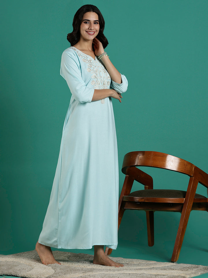 Aqua Blue Embroidered Nighty Dress for Women with Pocket