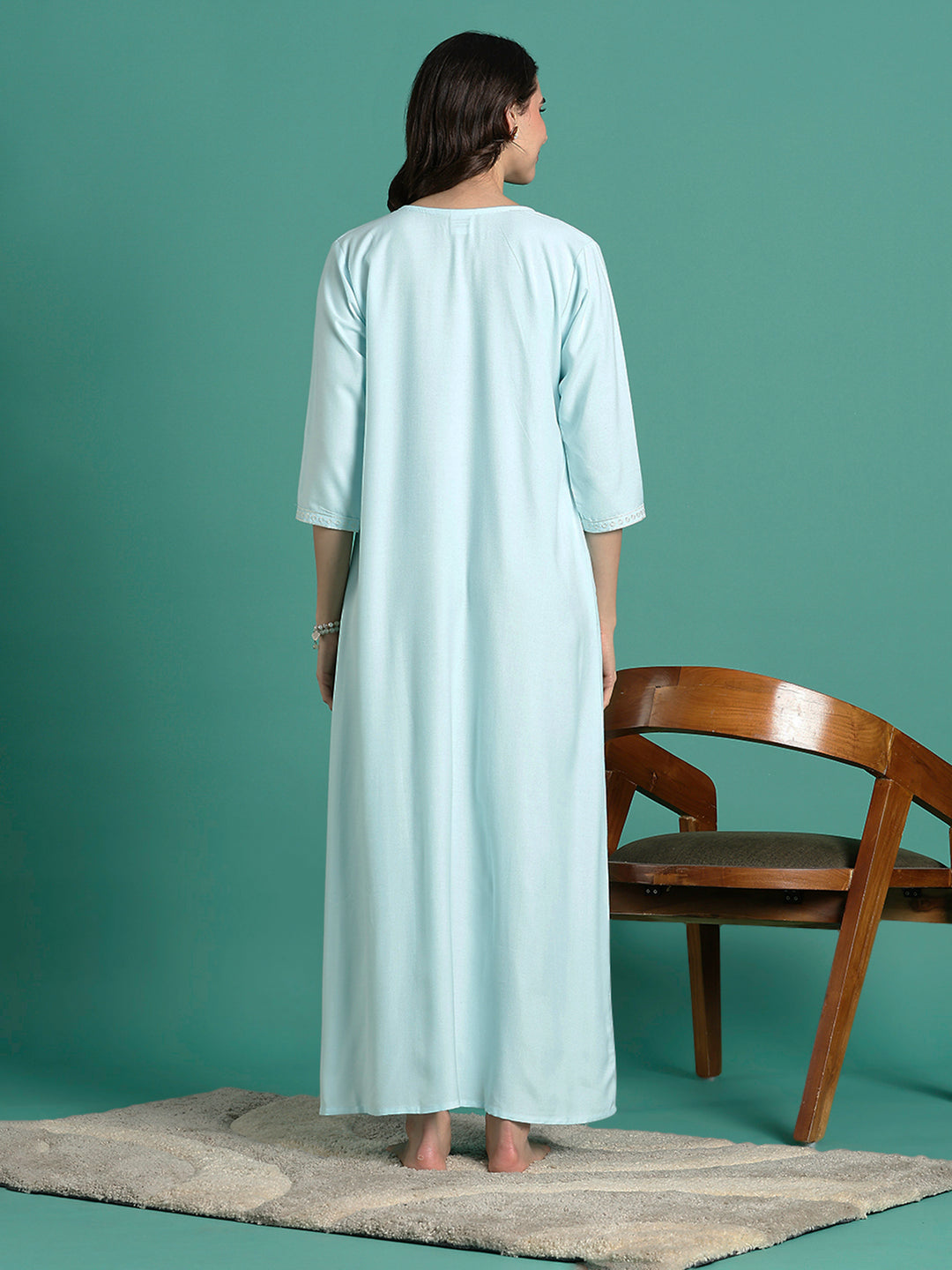 Aqua Blue Embroidered Nighty Dress for Women with Pocket