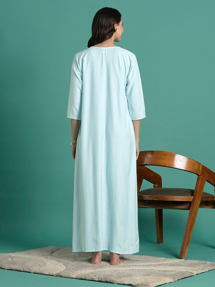 Aqua Blue Embroidered Nighty Dress for Women with Pocket