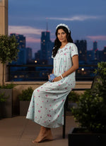 Sitarah Edit – Aqua Sky Blue Pure Cotton Nighty with Silk Phulkari Work