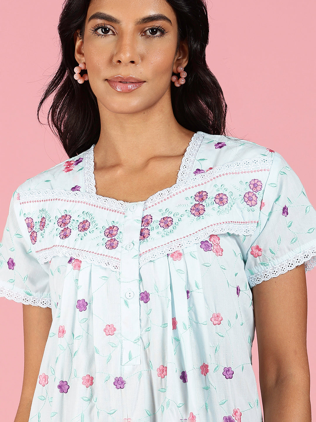 Aqua Sky Blue Pure Cotton Nighty Online With Embroidery