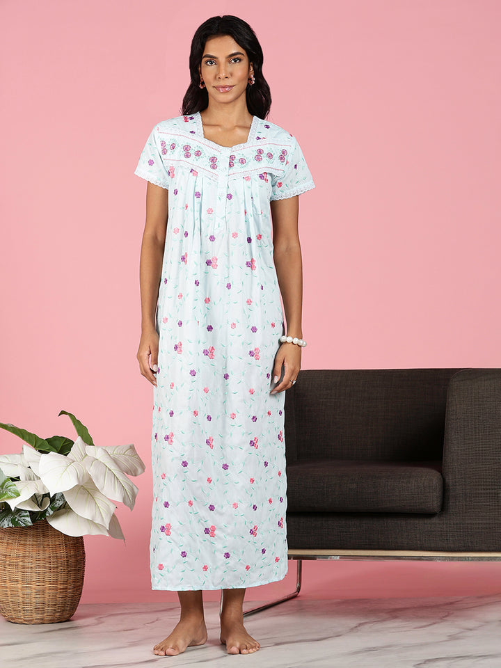 Aqua Sky Blue Pure Cotton Nighty Online With Embroidery