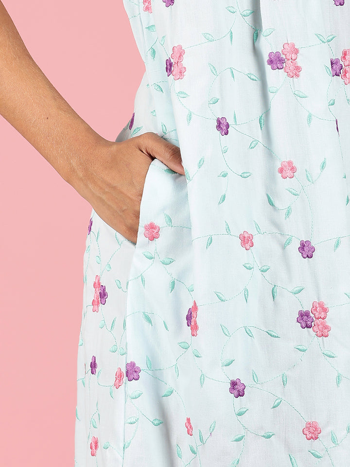 Aqua Sky Blue Pure Cotton Nighty Online With Embroidery
