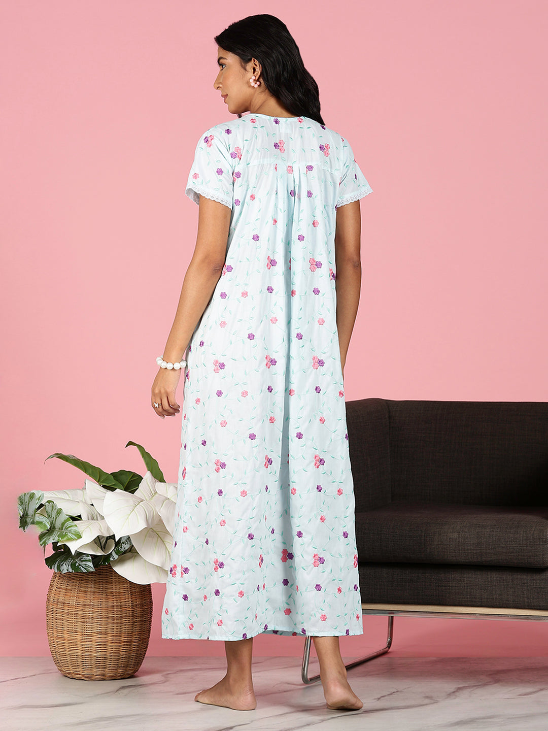 Aqua Sky Blue Pure Cotton Nighty Online With Embroidery