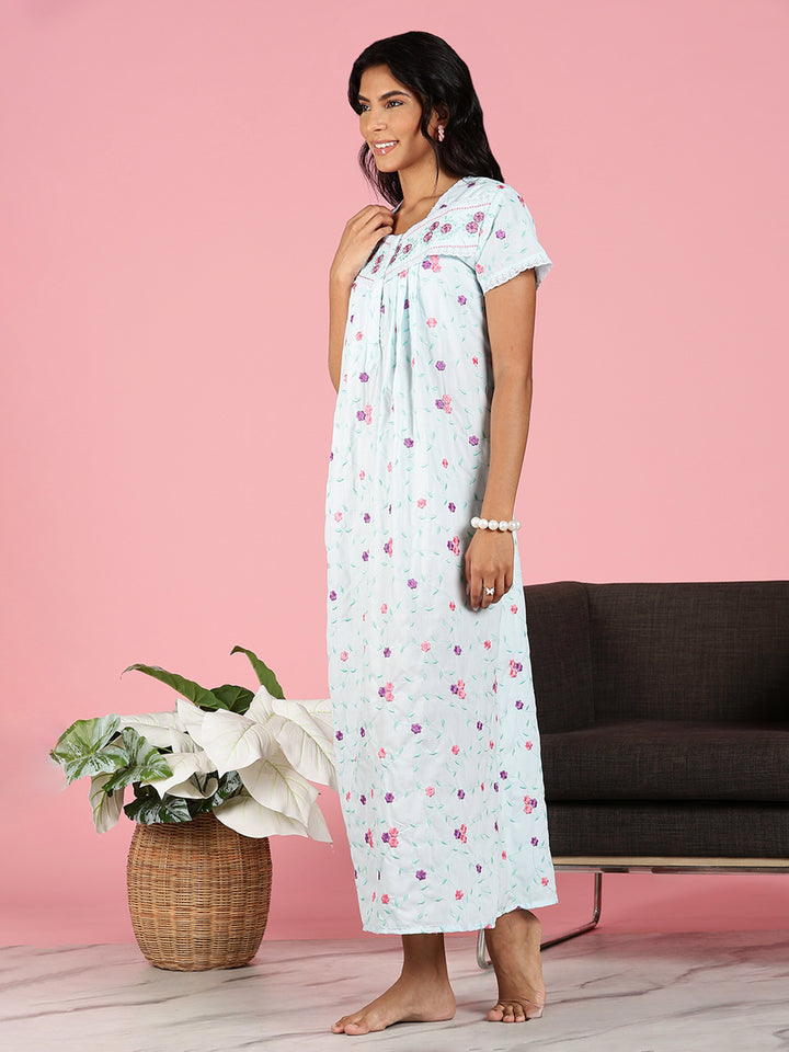 Aqua Sky Blue Pure Cotton Nighty Online With Embroidery