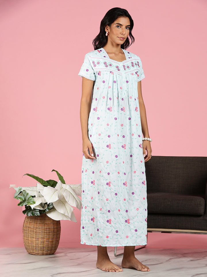 Aqua Sky Blue Pure Cotton Nighty Online With Embroidery