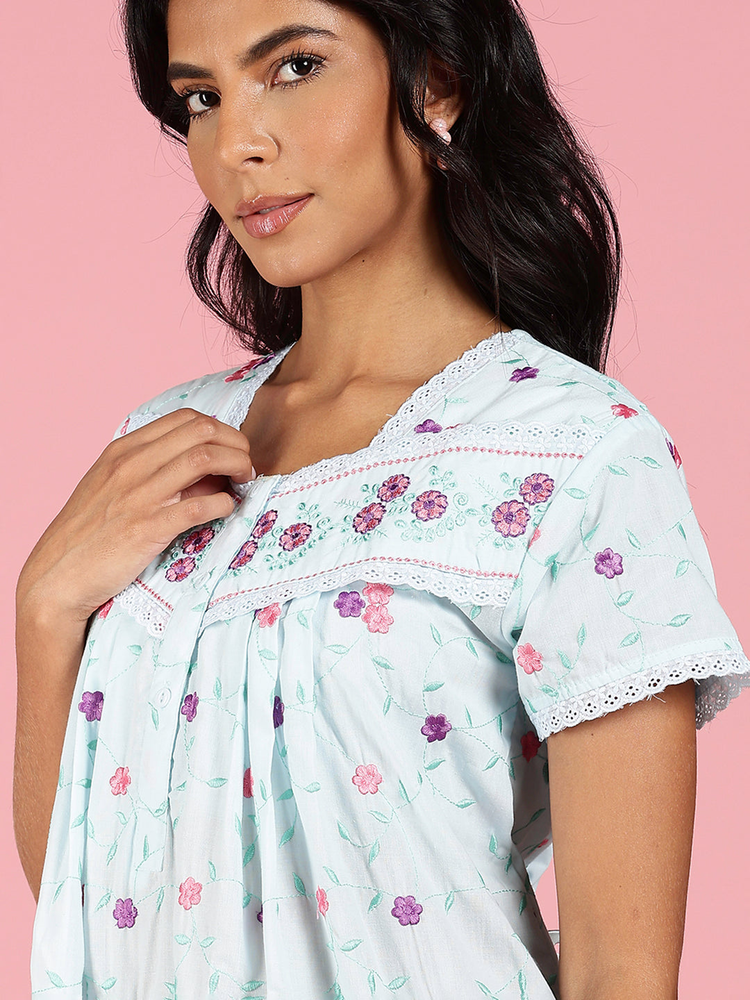 Aqua Sky Blue Pure Cotton Nighty Online With Embroidery