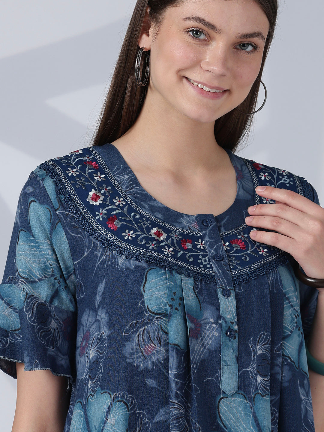 Noor Indigo Floral Embroidered Alpine Nighty for Women
