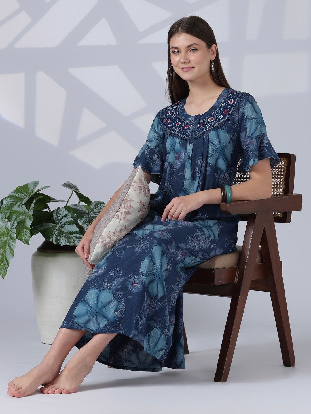Noor Indigo Floral Embroidered Alpine Nighty for Women