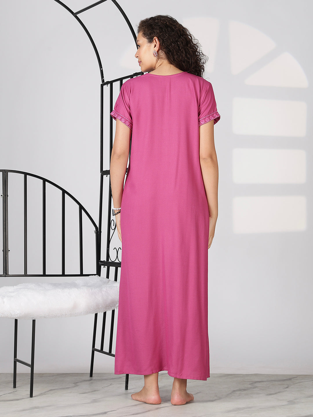 Sadabahar Rose Pink Designer Nighty with Beautiful Embroidery