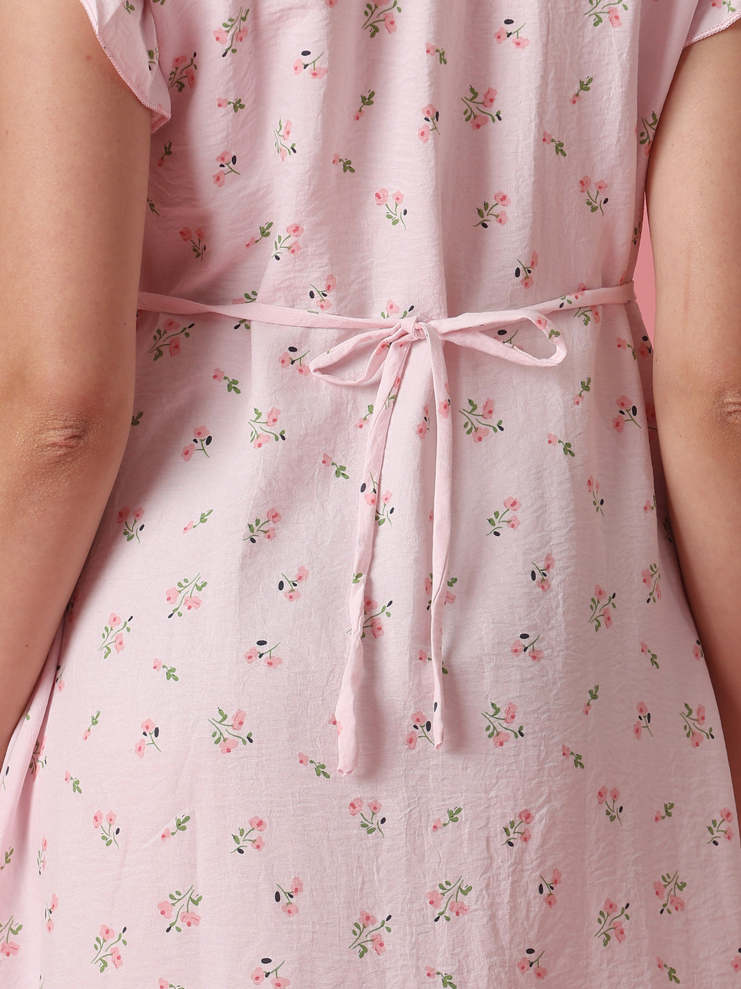 Floral Crush Cotton Short Cute Nighty for Women in Pastel Pink