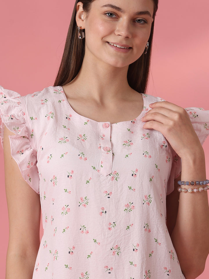 Floral Crush Cotton Short Cute Nighty for Women in Pastel Pink