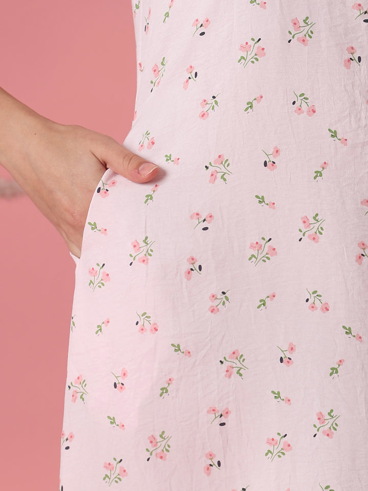 Floral Crush Cotton Short Cute Nighty for Women in Pastel Pink