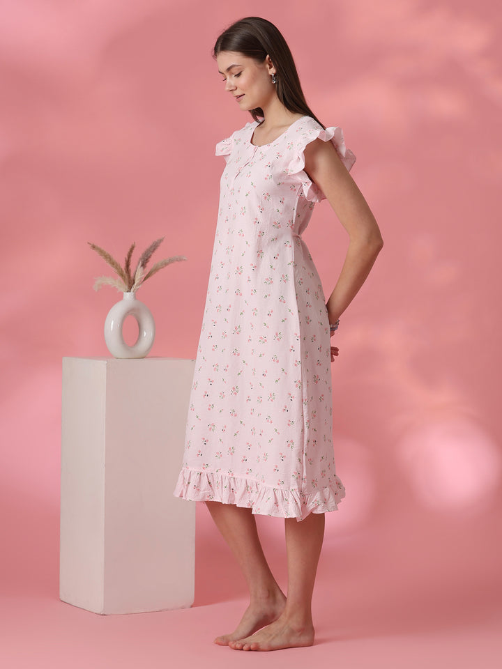 Floral Crush Cotton Short Cute Nighty for Women in Pastel Pink