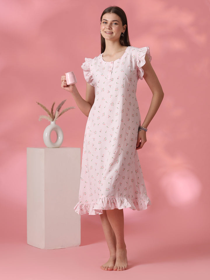 Floral Crush Cotton Short Cute Nighty for Women in Pastel Pink