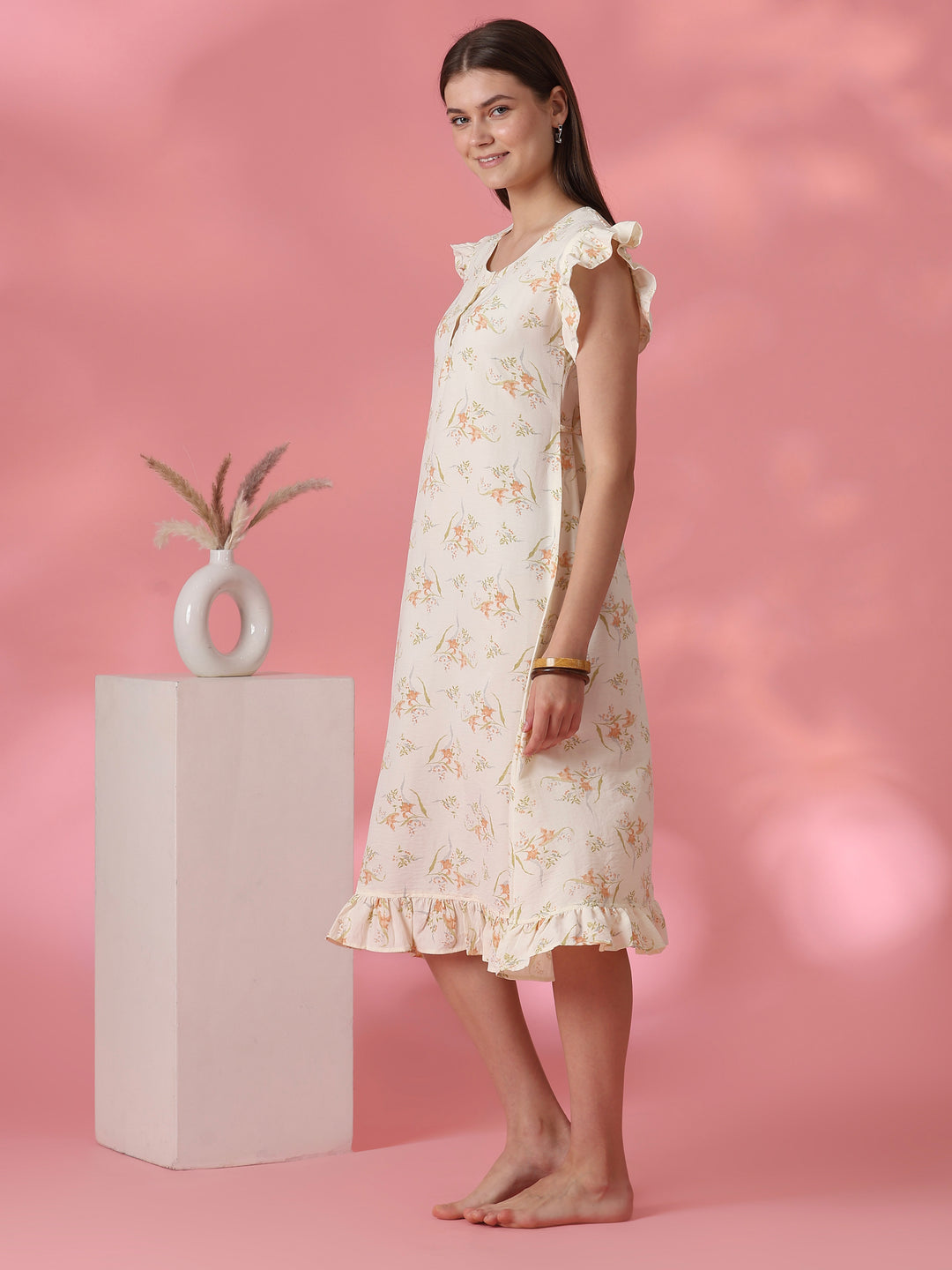 Round Neck Nightdress with Side Pocket in Dreamy Yellow