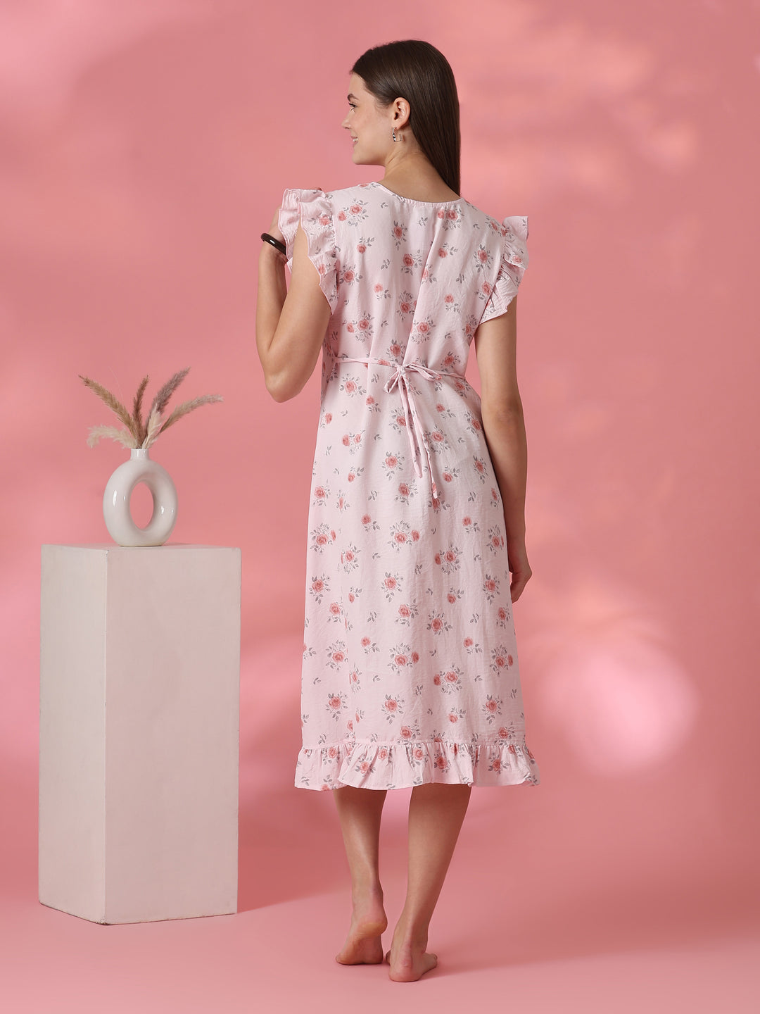 Rose Motif Crush Cotton Nightdress for Women in Rosy Pink