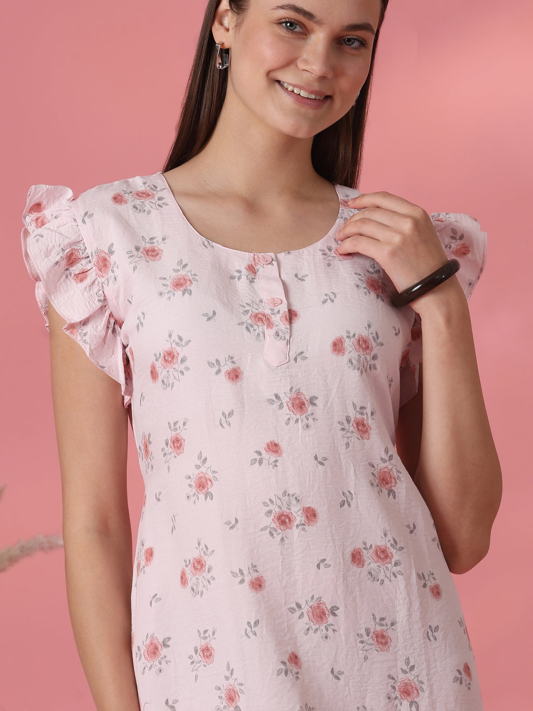 Rose Motif Crush Cotton Nightdress for Women in Rosy Pink