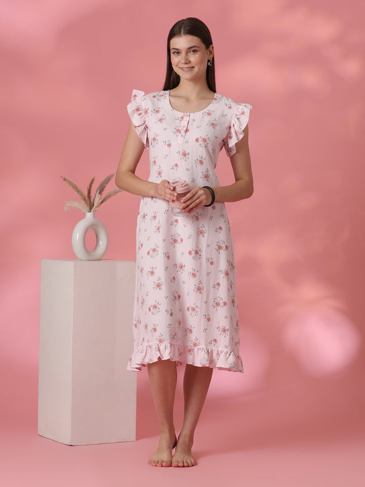 Rose Motif Crush Cotton Nightdress for Women in Rosy Pink