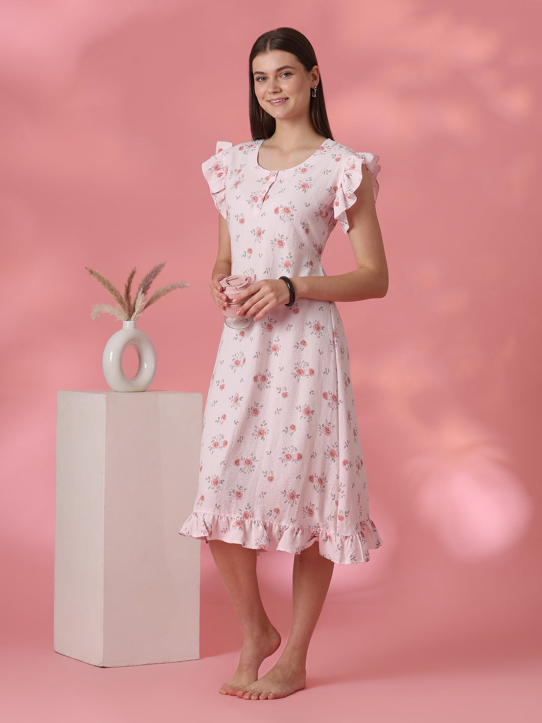 Rose Motif Crush Cotton Nightdress for Women in Rosy Pink
