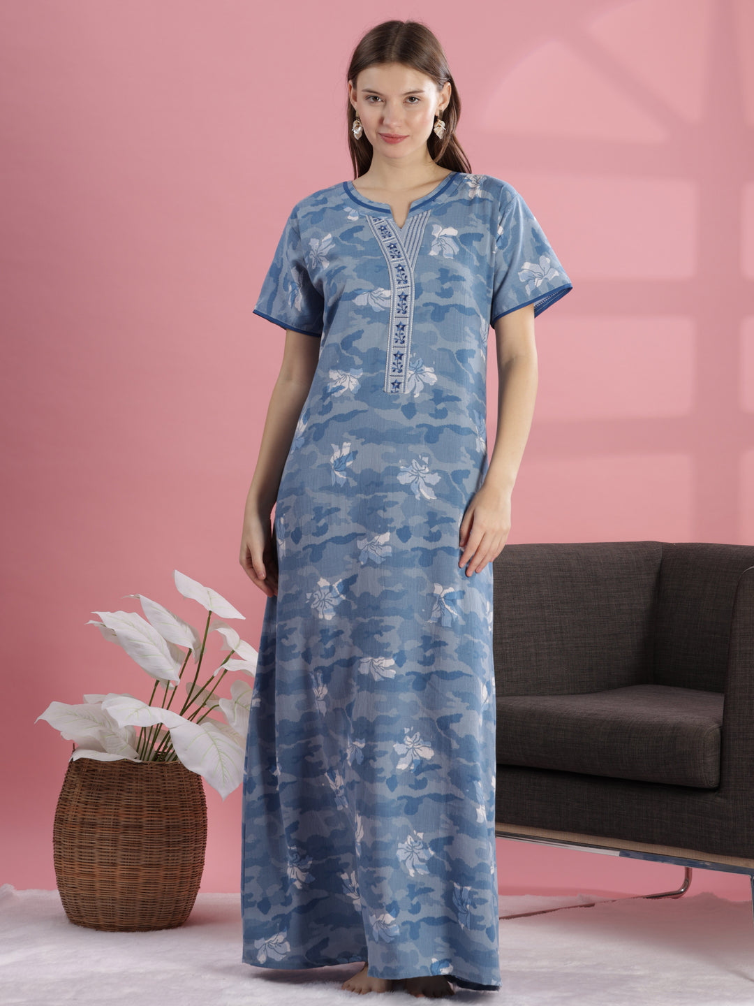Premium Blue Floral Print Crush Cotton Night dress for Women 9shines label Premium Blue Floral Print Crush Cotton Night dress for Women 9shines label