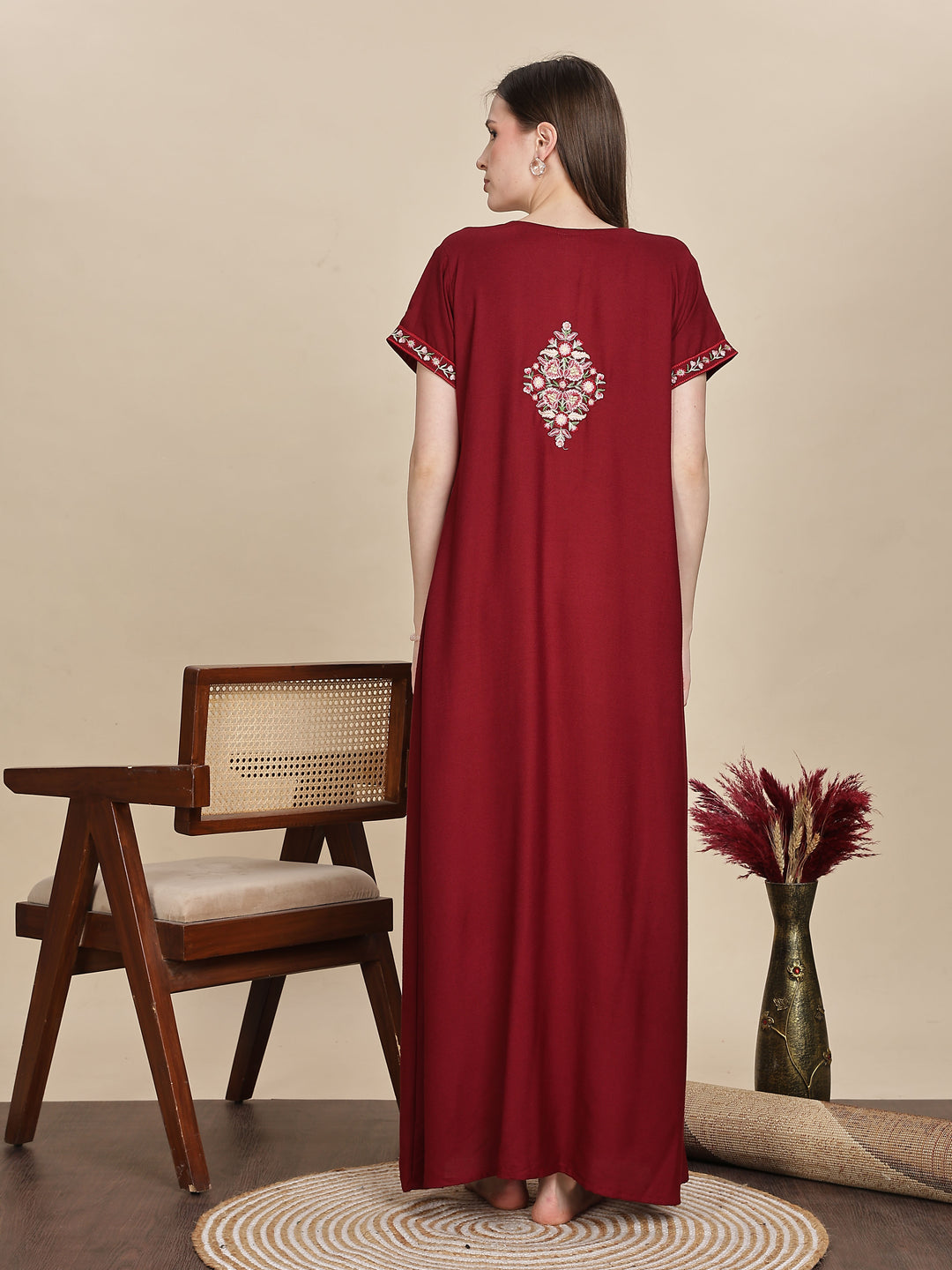 Ruby Red Alpine Designer Nighty with Embroidered Neck for Women