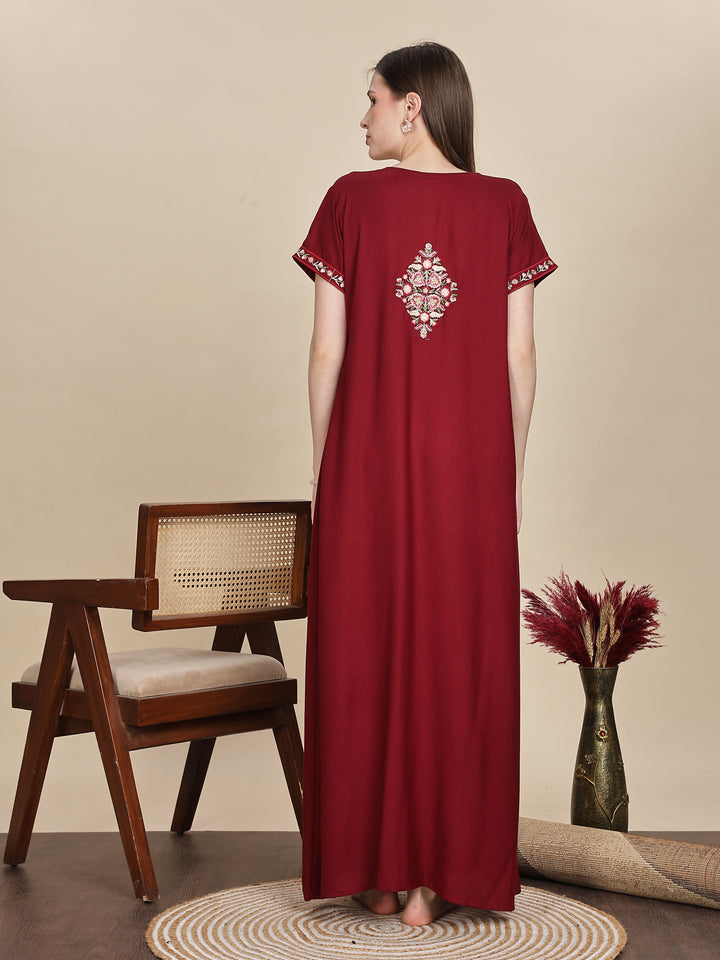 Ruby Red Alpine Designer Nighty with Embroidered Neck for Women