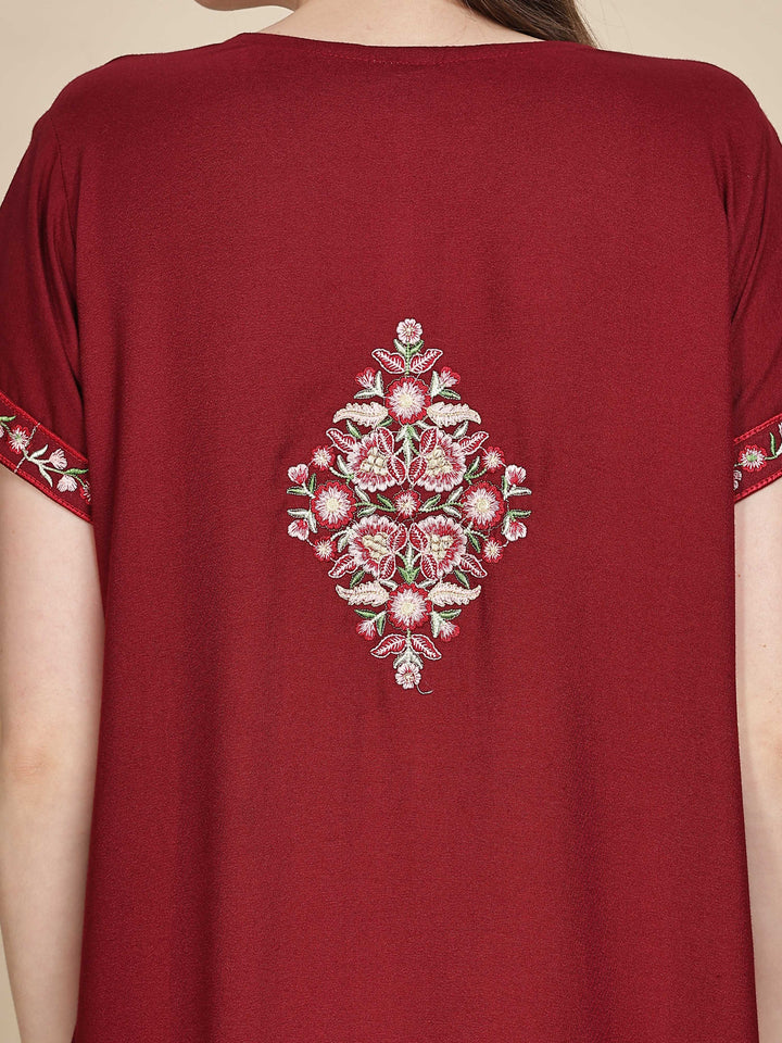 Ruby Red Alpine Designer Nighty with Embroidered Neck for Women