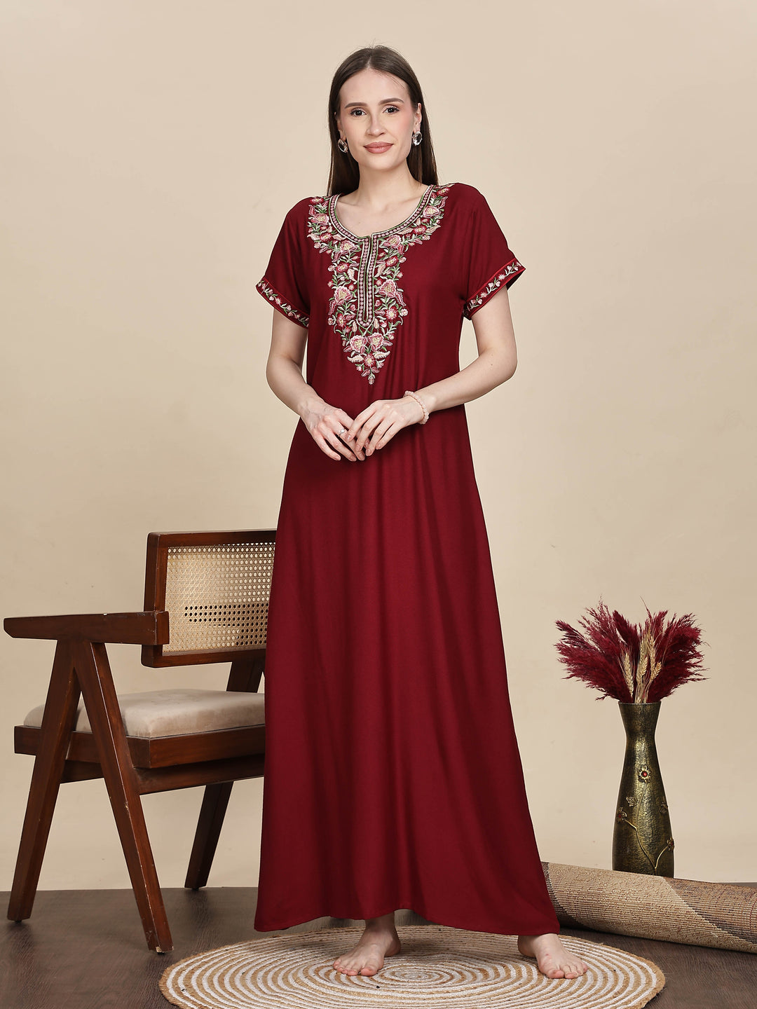 Ruby Red Alpine Designer Nighty with Embroidered Neck for Women
