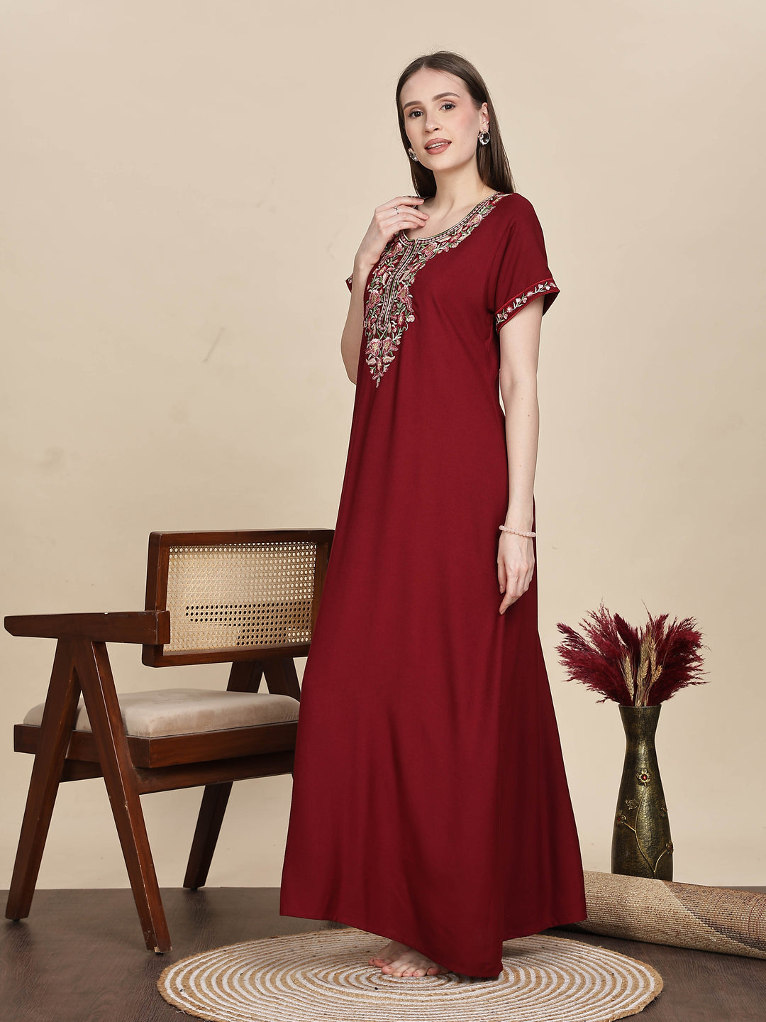 Ruby Red Alpine Designer Nighty with Embroidered Neck for Women