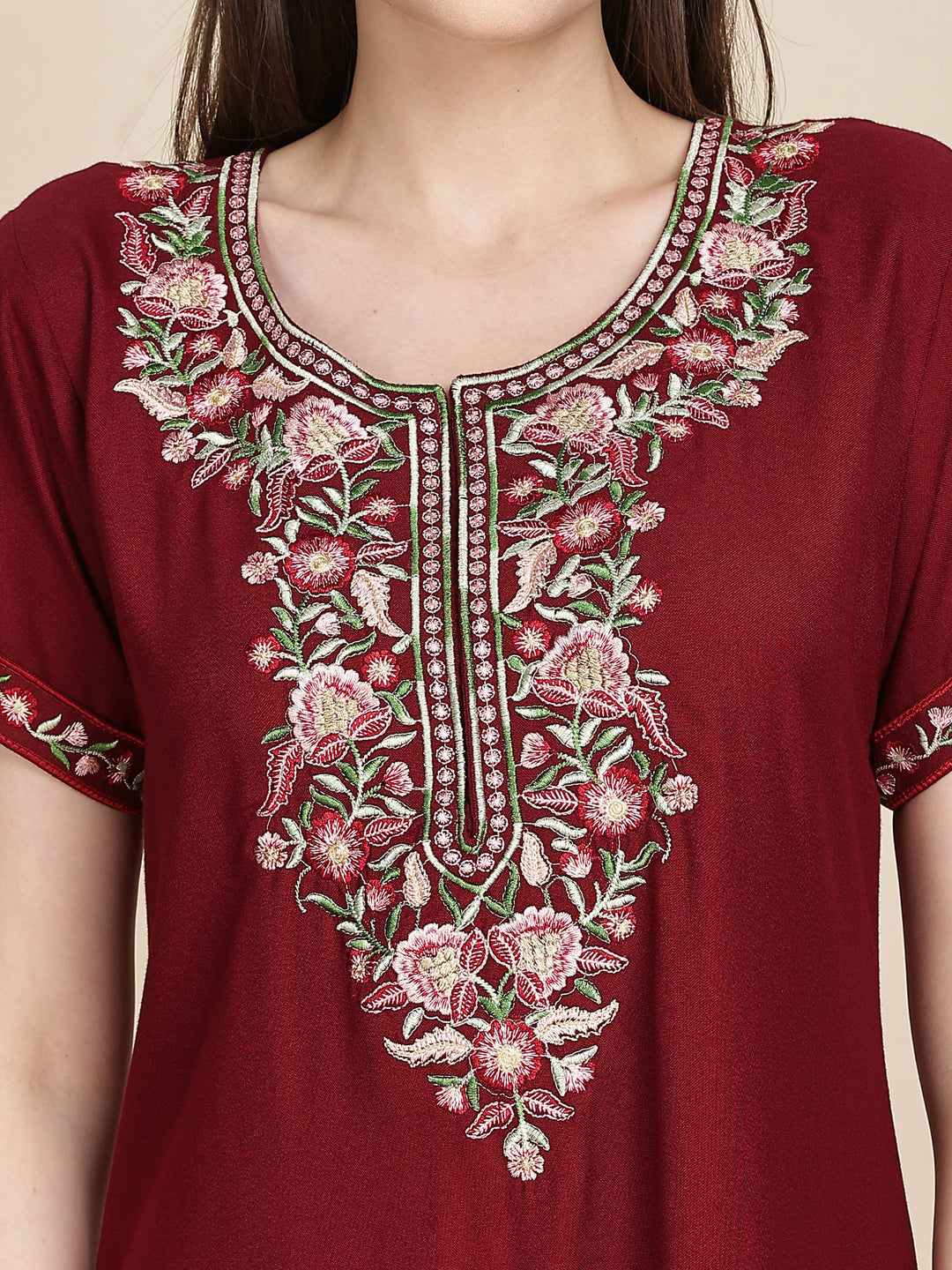 Ruby Red Alpine Designer Nighty with Embroidered Neck for Women