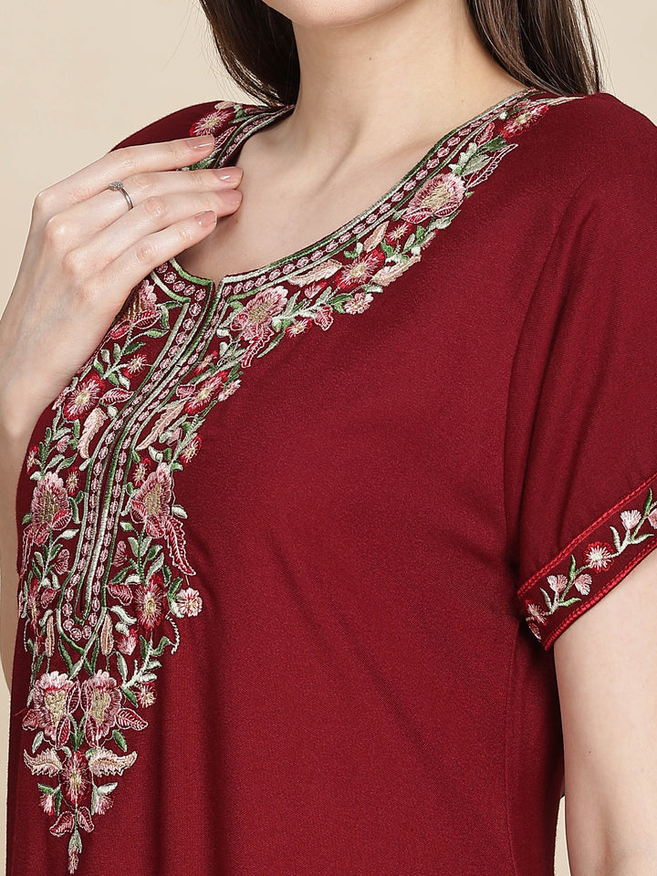 Ruby Red Alpine Designer Nighty with Embroidered Neck for Women