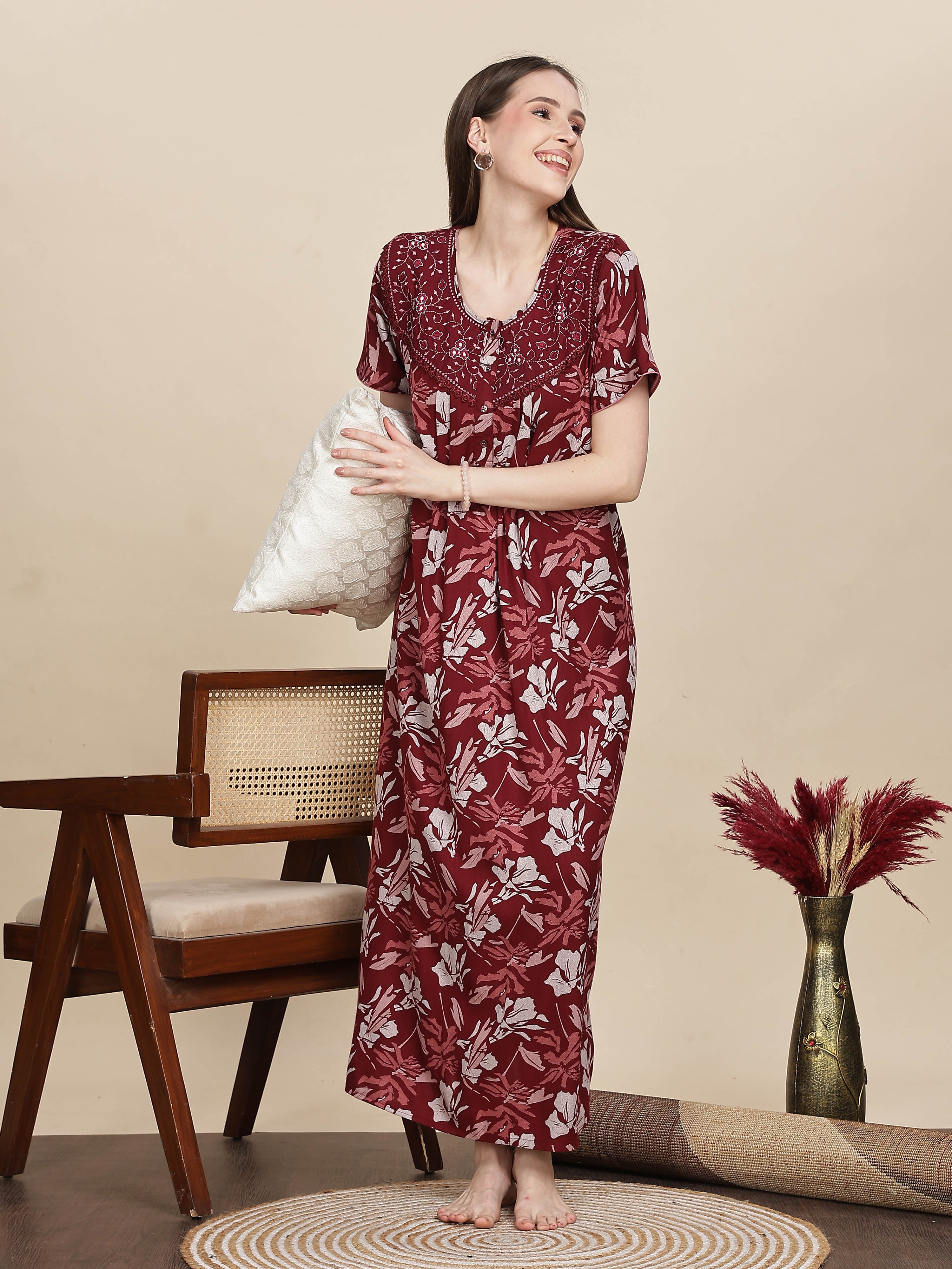Shop Stylish Embroidered Red Floral Nightdress For Women – 9shines